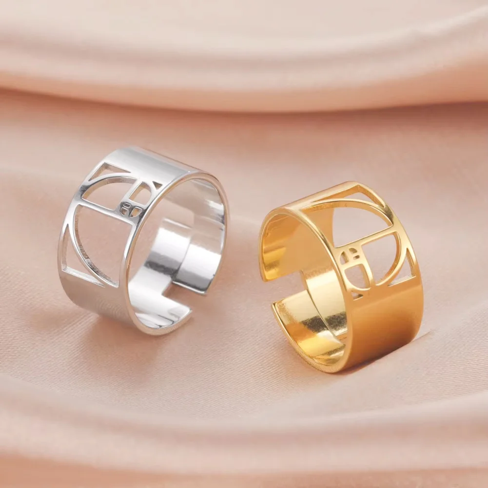 Anillos de proporción dorada en espiral Fibonacci para mujeres y hombres, geometría de matemáticas sagradas, anillo de dedo ajustable de acero inoxidable, regalos de joyería