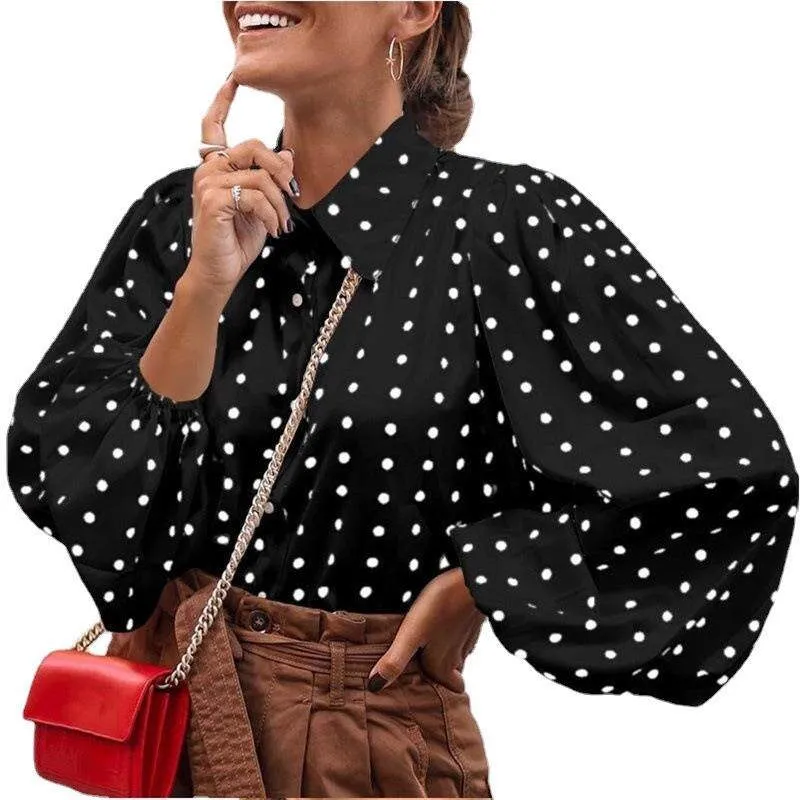

Women's Long Sleeve Polka Dot Lantern Shirt with Lapel Other Style Other Material Components Resistant to Deformation