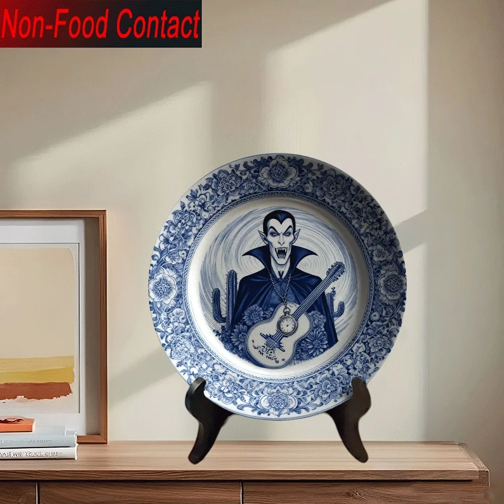2D Flat, 1pc Gothic Dracula Vampire & Cactus Ceramic Plate - Blue White Delftware Wall-Mountable Decorative Plate for