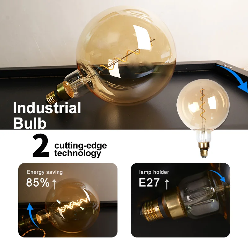 LEDフィラメント付き特大ガラス電球、金メッキ仕上げ、4W 220-240V、2500K温白色光、E27、20cm/7.87インチ省エネ