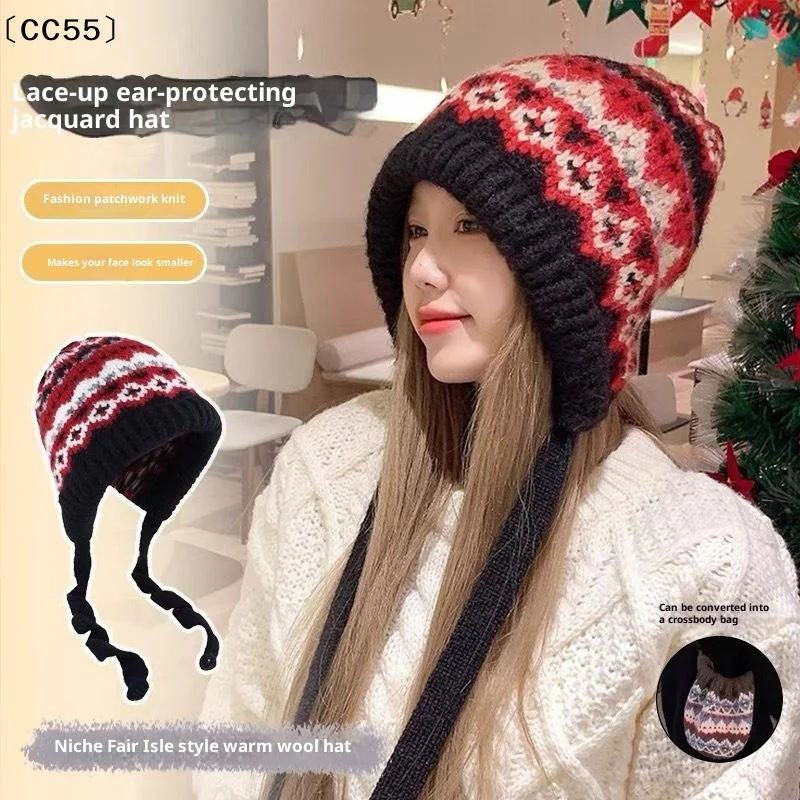 Fair Isle Style Knitted Hat For Women Retro Dual-Use Bag Hat Warm Wool Hat Earmuffs〔CC55〕