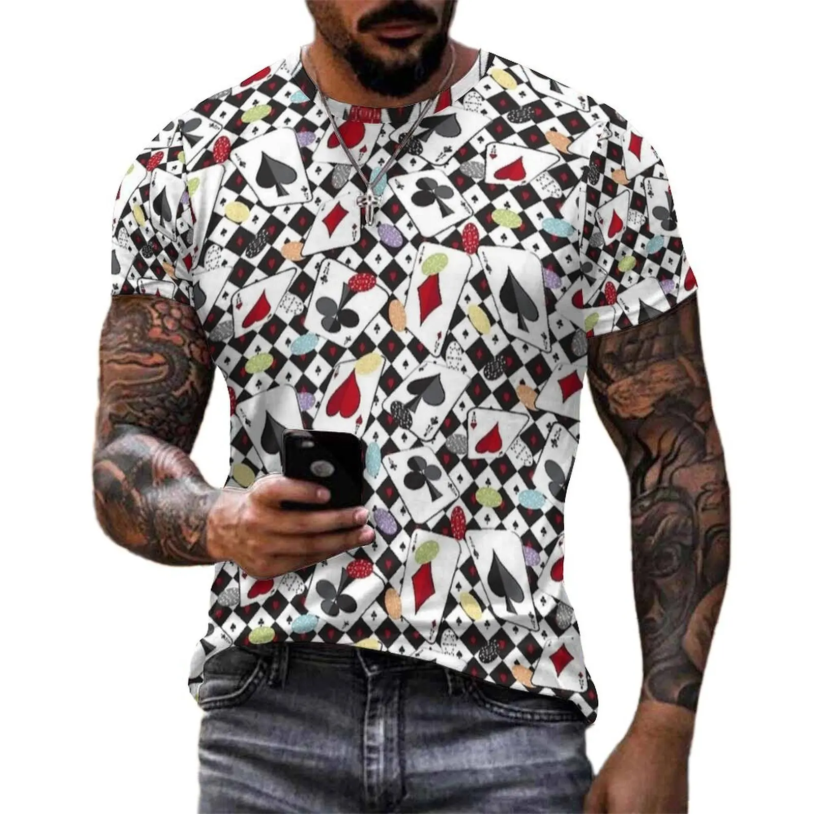 Checker Playing Cards Print T-Shirt  Harajuku T Shirts Men Y2K Fun Tshirt Summer Short Sleeve Printed Clothes Plus Size 5XL 6XL