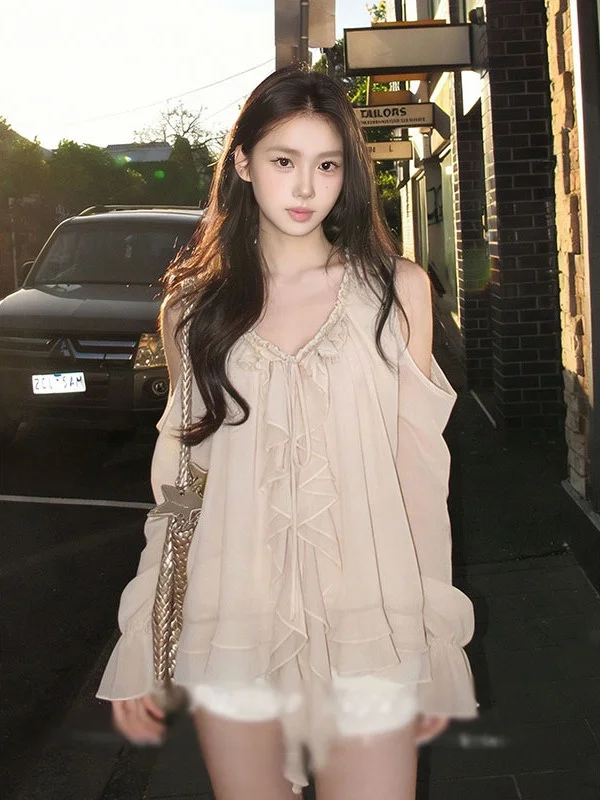 

Gentle Style Long Sleeve off Shoulder Chiffon Blouse with Lace Trim Unique Beautiful Top for Women V Neck Loose Fit Medium Le...