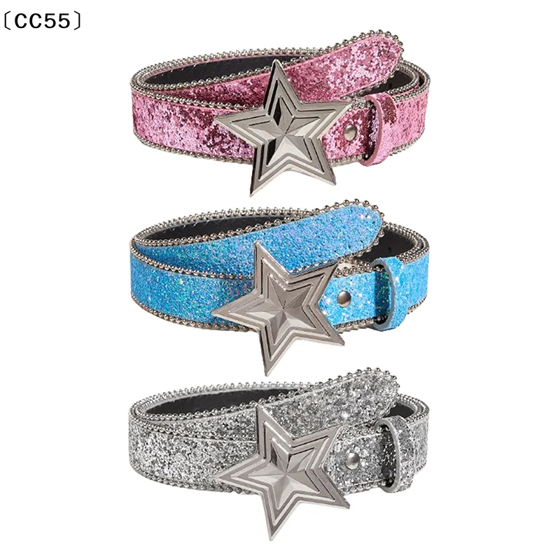 Women's Star Buckle Belt Y2k Bling Sequin Punk Metal Buckle Waist Strap Fashion Shiny PU Leather Waistband Jeans Belt〔CC55〕