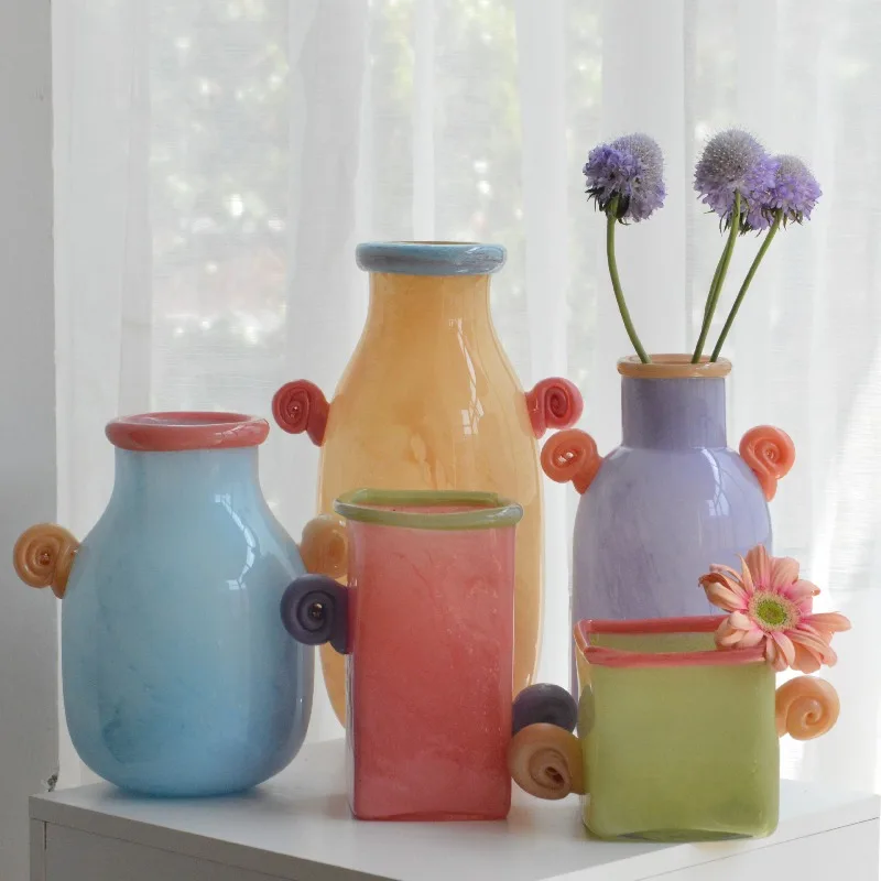 Candy-colored glass vase, medieval flower arrangement, home decoration, water green