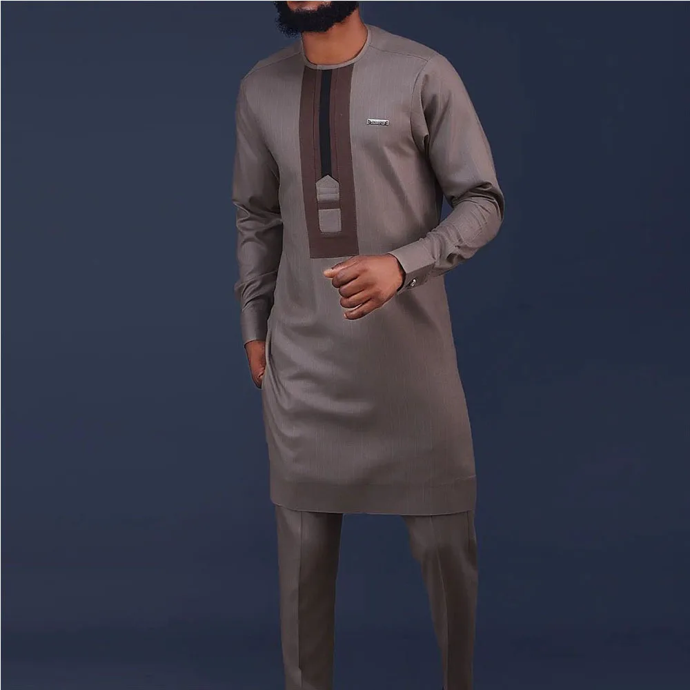 Dark Brown O Neck Men's Shirt Gorgeous 2-pieces Set For Man Arabic Muslim Long Sleeves Groom Wear Party Classy Clothing - Image 2