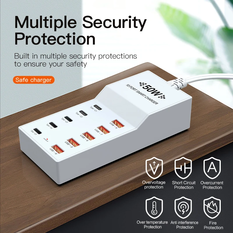 

10-портовый USB-концентратор мощностью 50 Вт для нескольких устройств с поддержкой многозащитной и быстрой зарядки