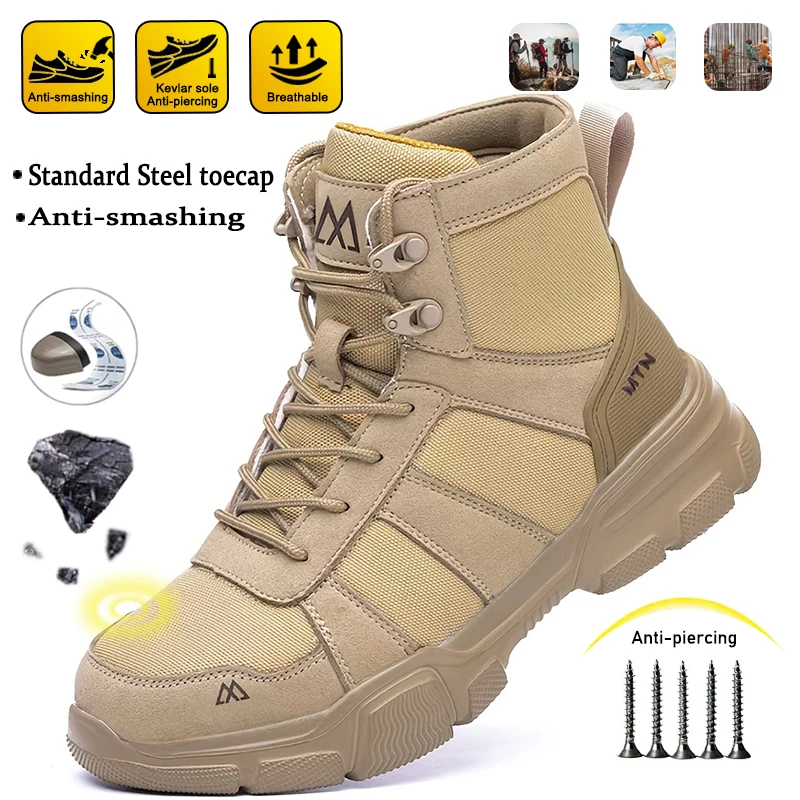 Men Anti Smash Puncture-Proof Mining Boots Steel Toe Work Shoes Indestructible Safety Shoes Male Fashion High-Top Boots Sneakers