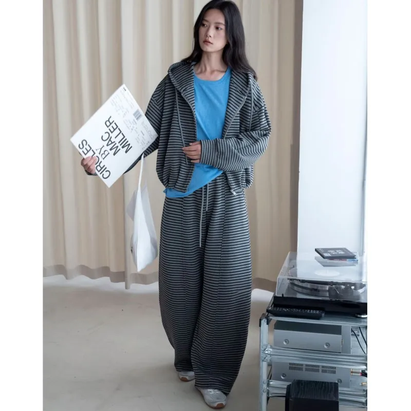 Johnature Autumn New Elastic Drawstring Casual Striped Pants Loose-fitting Women Comfortable Simple Loungewear Pants