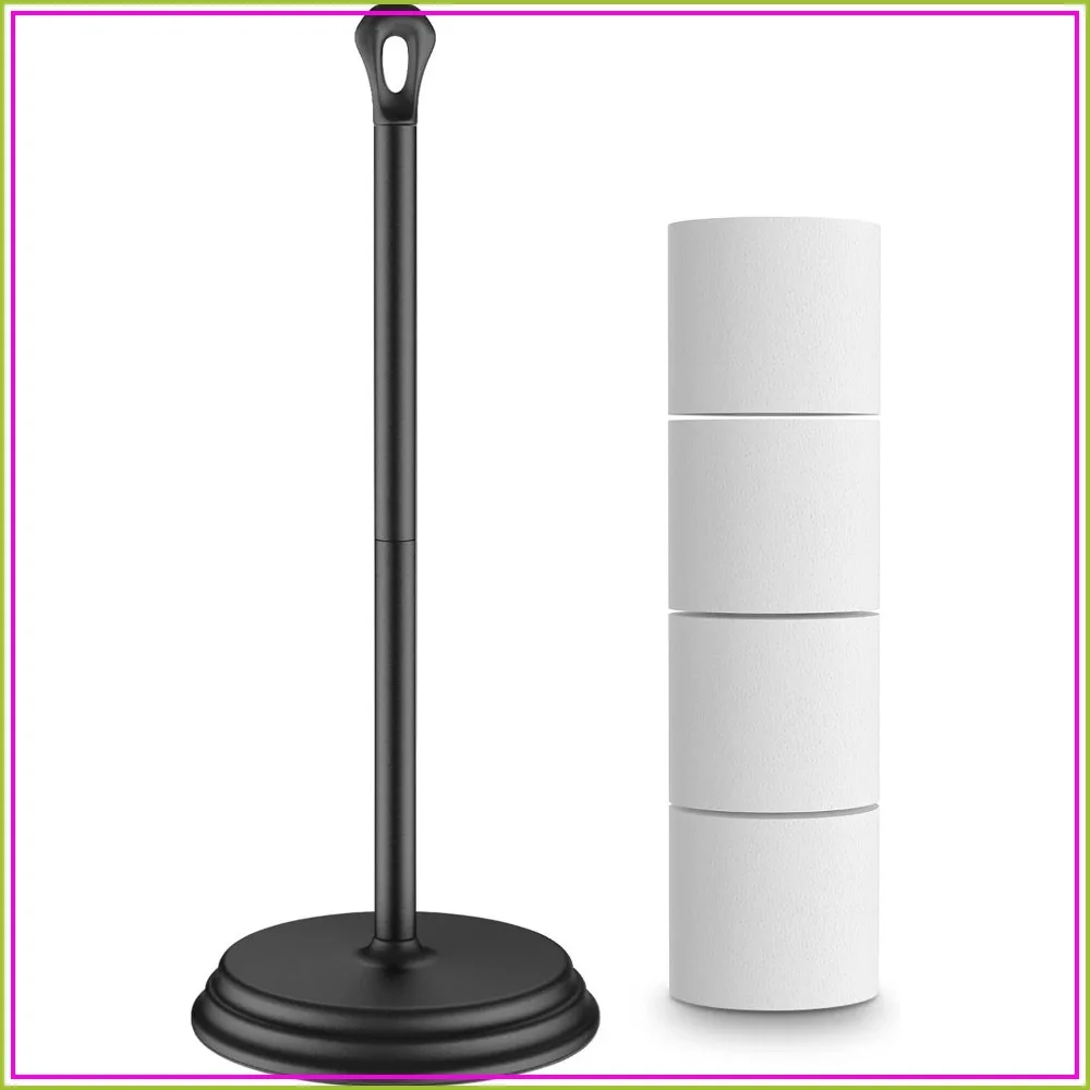 Free Standing Toilet Paper Holder with Storage, Rustproof Metal Tissue Roll Stand for Bathroom, Space Saving, Easy Setup, Black