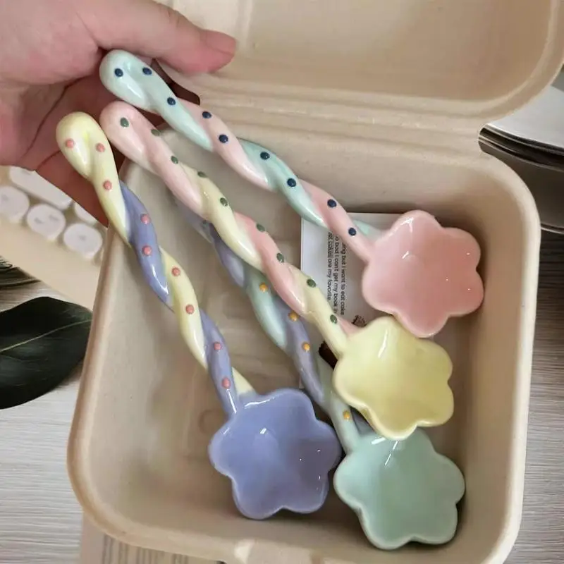 1 قطعة النحت الرمال الإبداعية السيراميك مقبض طويل ستار على شكل ملعقة المنزلية اثارة ملعقة زهرة على شكل ملعقة قهوة الحلوى