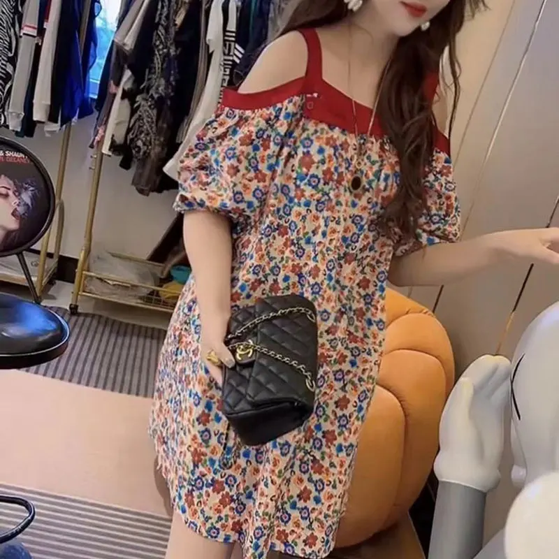 

Vintage Broken Flowers Dresses Women's Clothing Chic Off Shoulder Summer Elegant Square Collar Spliced Loose A-Line Midi Dress