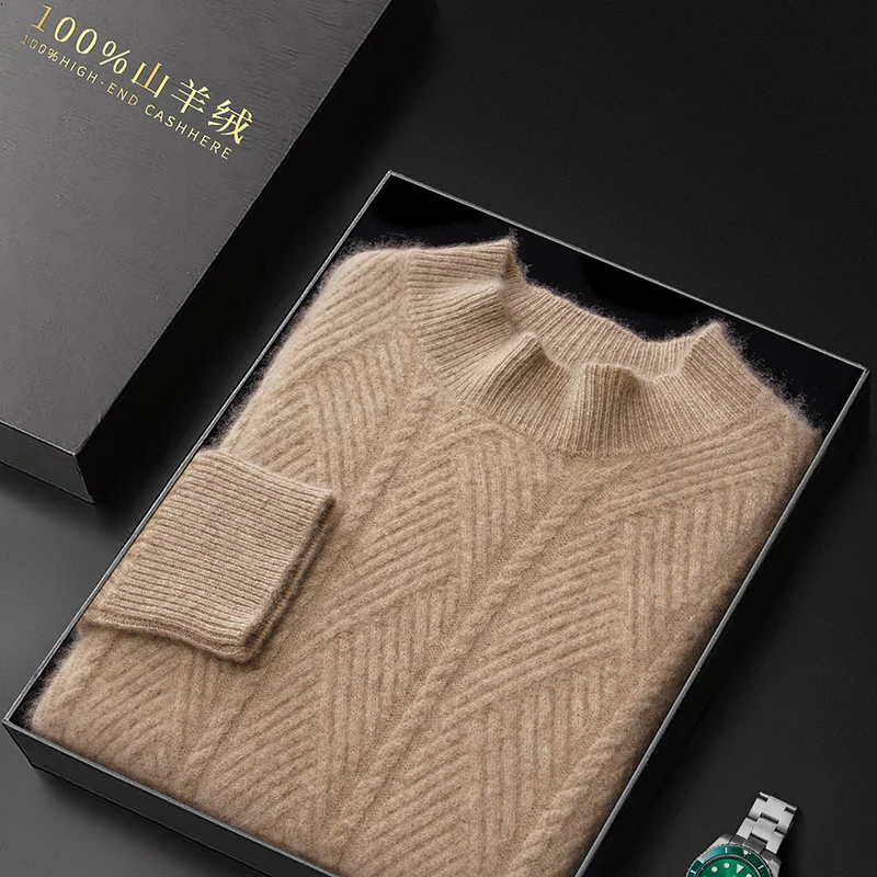 Autumn and Winter New Half High Neck Thickened 100% Cashmere Sweater Men's Twisted Sweater Casual Knitted Cashmere Sweater