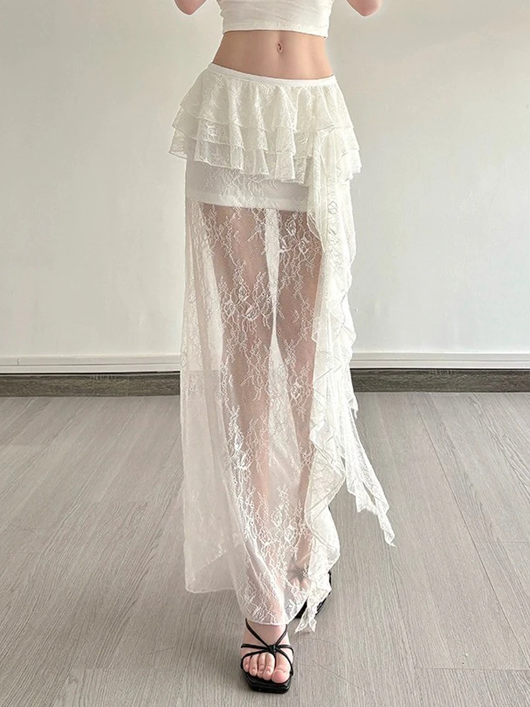 Pure Desire Lace Half Skirt Women's Summer Overlap Hemming Tulle Cover Skirt White Curtain Long Skirt Korean Style A-Line