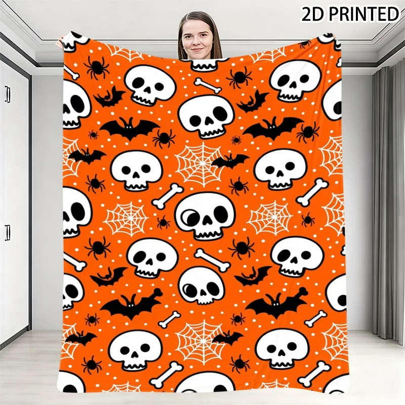 Playful Halloween-Themed Seamless Pattern Throw Blanket, Orange - Speckled (White) with Skulls, Bats, Spiders, Webs & Bones, Mul