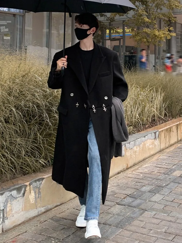 

Men's Woolen Coat Knee-Length Thiened Medium-Length Autumn Winter Cotton Blend Faionable Ci Sle Single-Button Closure