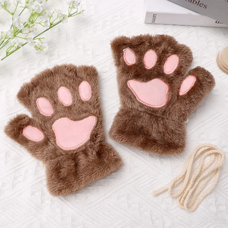 Cute Fluffy Cat Paw Claw Fingerless Gloves Plush Fingerless Panda Mittens Warm Soft Half Finger Women Winter Wear Christmas Gift