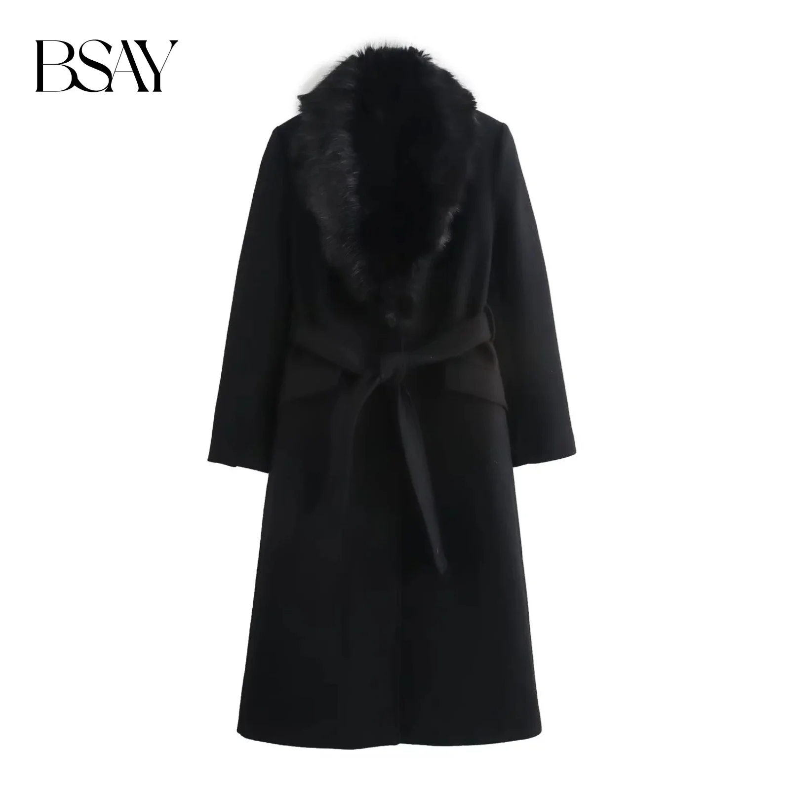 

BSAY Woolen Overcoat for Women Fashion Autumn Winter New Black Warm Long Sleeved Fack Fur Collar Belt Long Coats Jacket Mujer