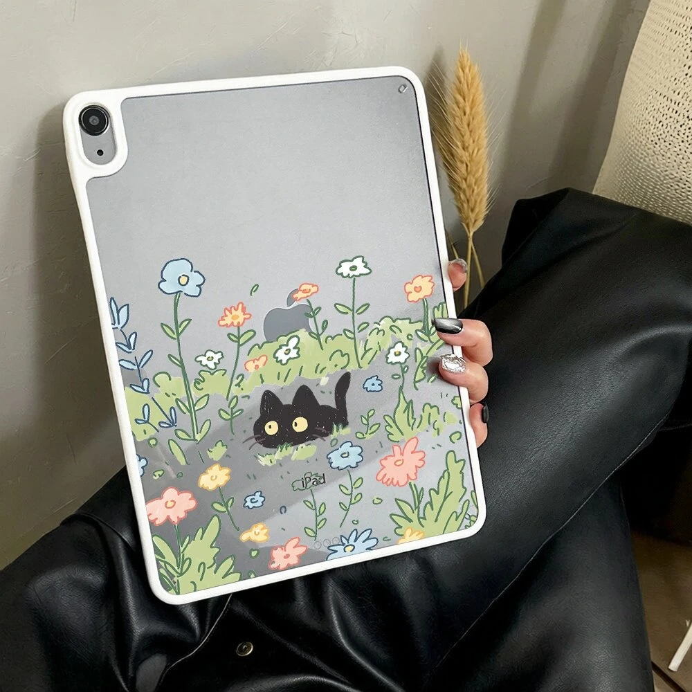 Korean Black Cat In Flower Cluster Claer Cover For iPad Pro 13 11th M5 M4 12.9 A16 10 8 7 9th 10th Air 11 M2 M3 Mini Tablet Case