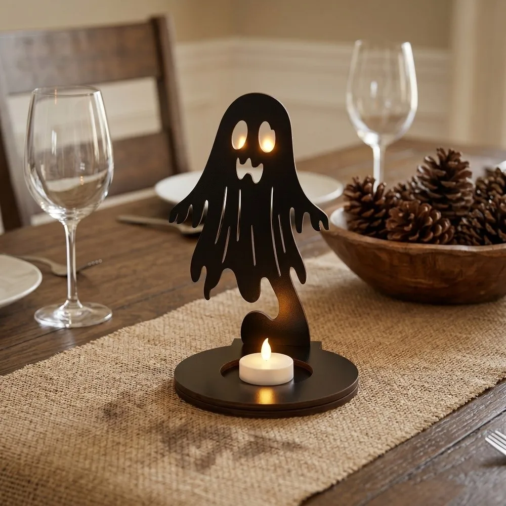 Creative Wooden Shadow Candle Holder Black Cat Scarecrow Halloween Candle Stand Bat Spook Tealight Holder Holiday Atmosphere