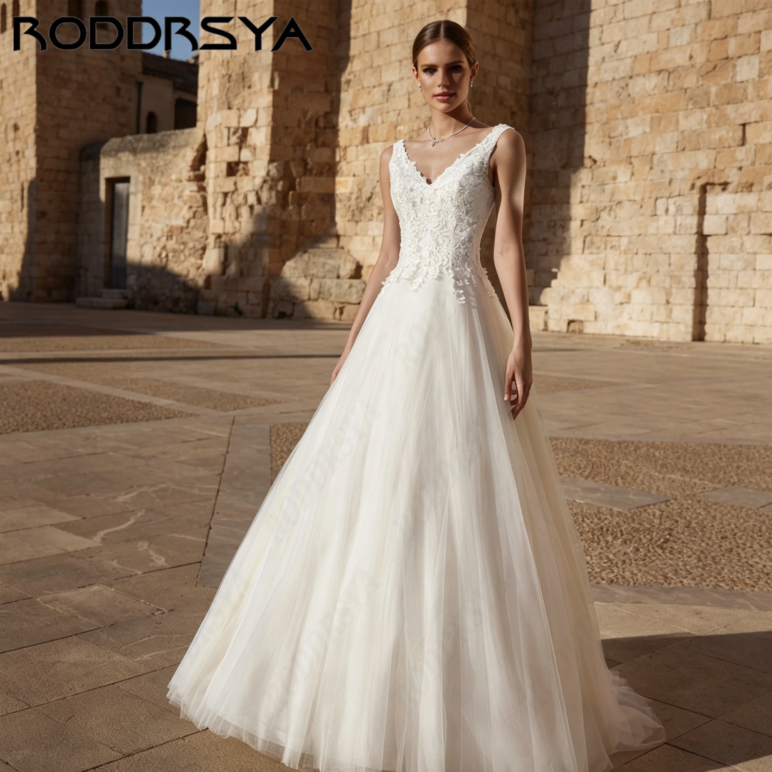 RODDRSYA A-line Lace Appliques Wedding Dress Romantic Sleeveless V-Neck Bridal Gown Tulle Church vestidos de novia Personalized