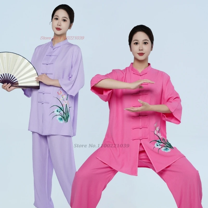 Strój do chińskiego tai chi wushu 2026, uniform do kungfu, strój do treningu, retro kwiatowy nadruk, bawełna i len, sztuki walki wushu, na zewnątrz, do chodzenia.
