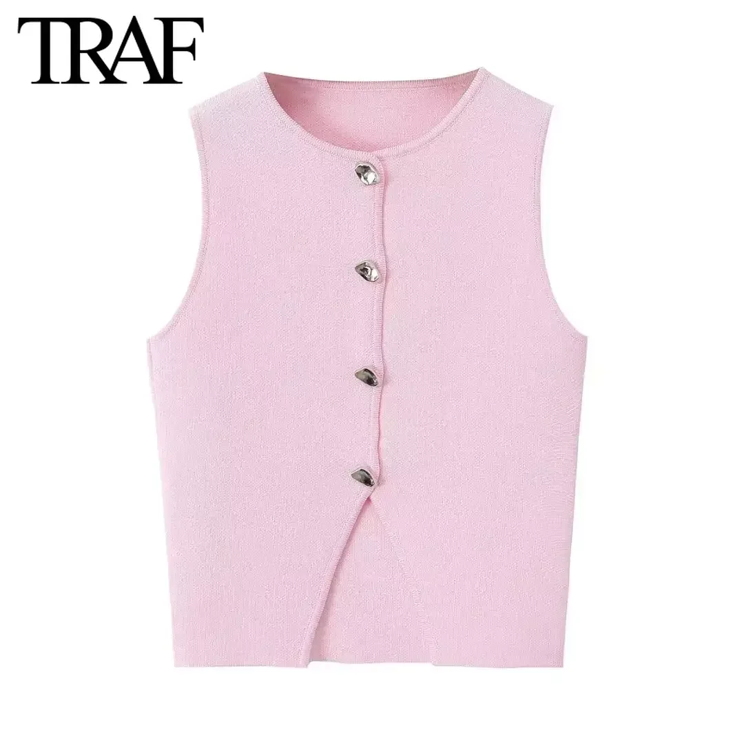 TRAF Women Fashion Summer New Solid Sleeveless Single Breasted Cardigan Round Neck Knitted Sweater Vest Sweet Chic Ladies Tops