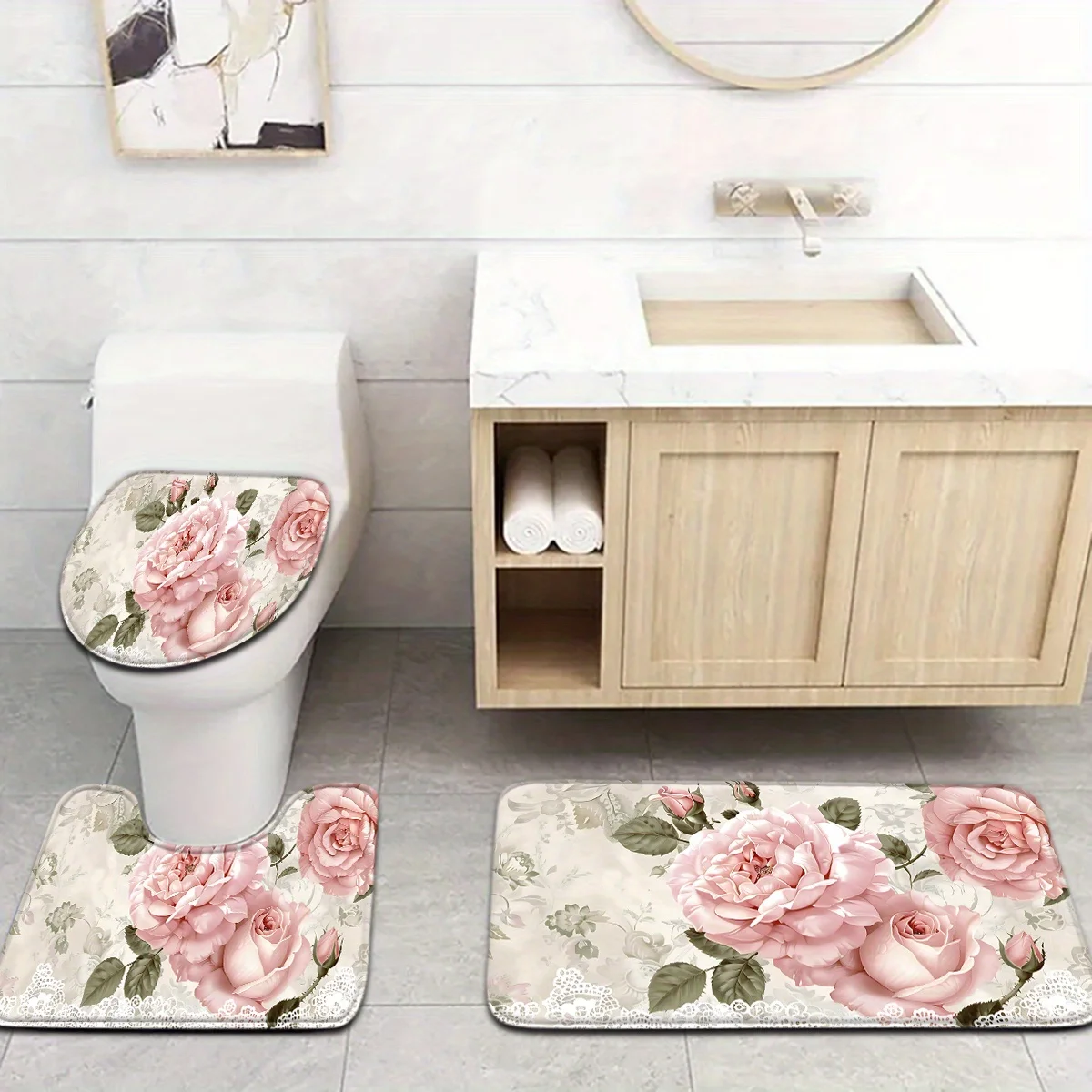 

3pc Mother's Day pink rose pattern bathroom mat, including toilet seat and U-shaped foot pad. Polyester fabric, machine washable