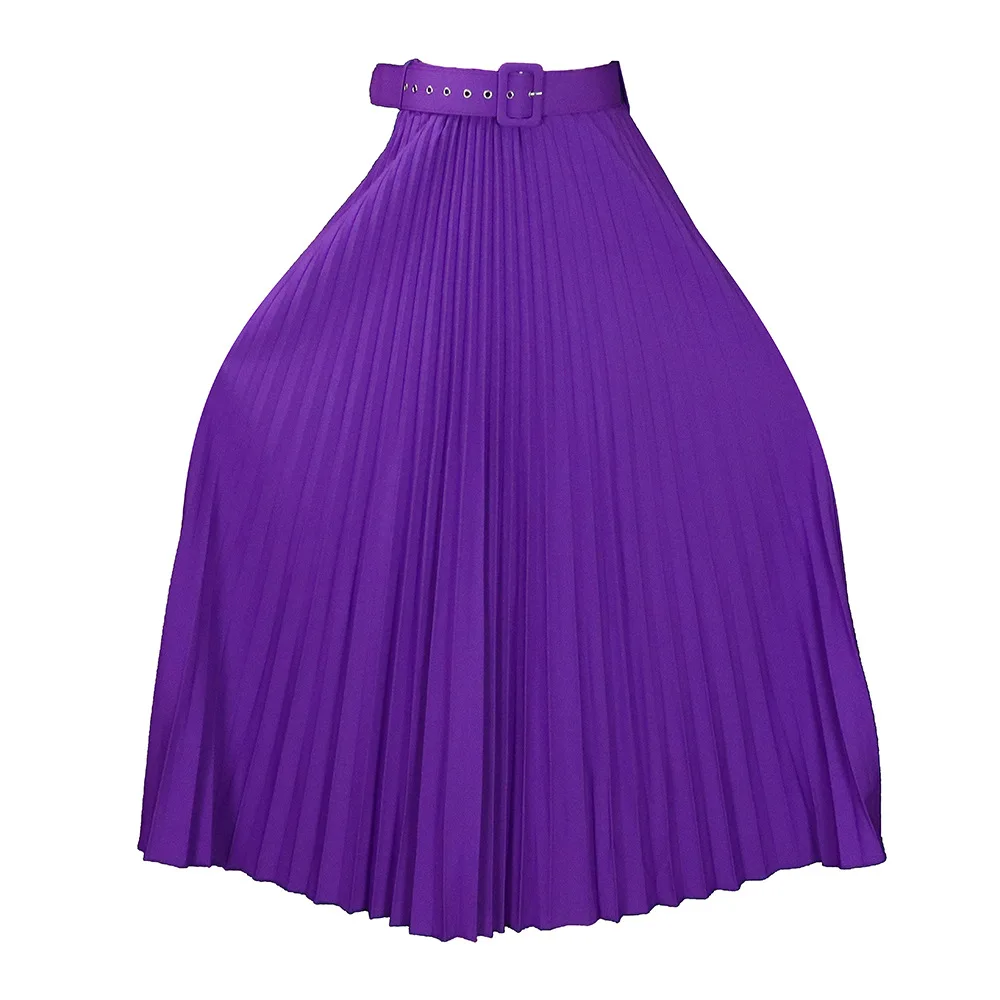 New Design High Waist Large Hem Skirts For Women Pleated Skirts Temperament Ladies Long Skirt With Belt