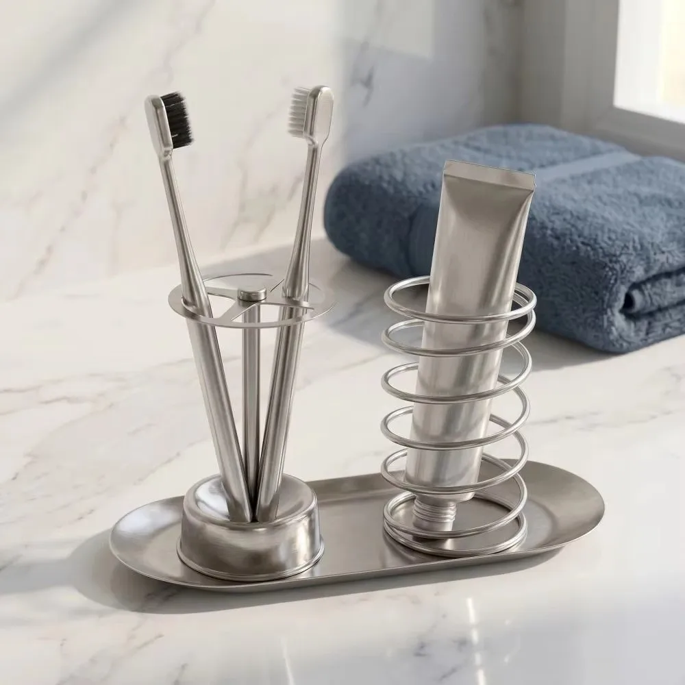 3pcs/Set Stainless Steel Toothbrush Holder Rustproof Space Saving Bathroom Storage Shelf Multi-Functional Toothpaste Rack