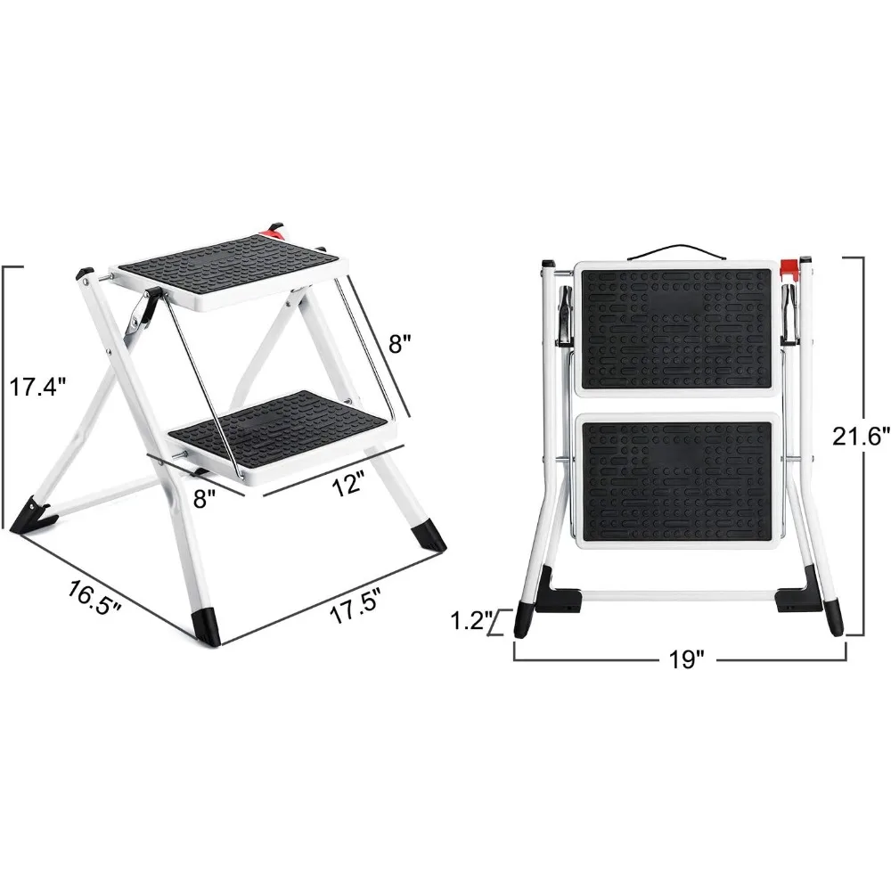 大人用の滑り止め付き幅広踏み板を備えた2段式の頑丈な金属製折りたたみスツール、軽量で持ち運び可能