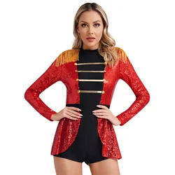Womens Circus Ringmaster lion tamer Cosplay Outfits Director Costumes Boards Skirted Boyshorts Bodysuit Sparkly Sequin jumpsuit