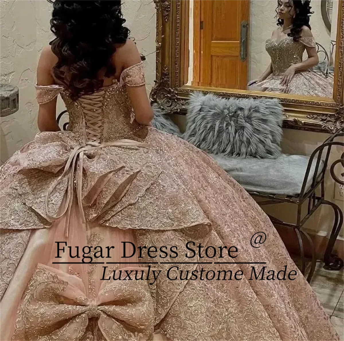 Champagne Rose Gold Off The Shoulder Ball Gown Quinceanera Dresses For Girls Sparkly Beaded Birthday Party Gowns Lace Up Back