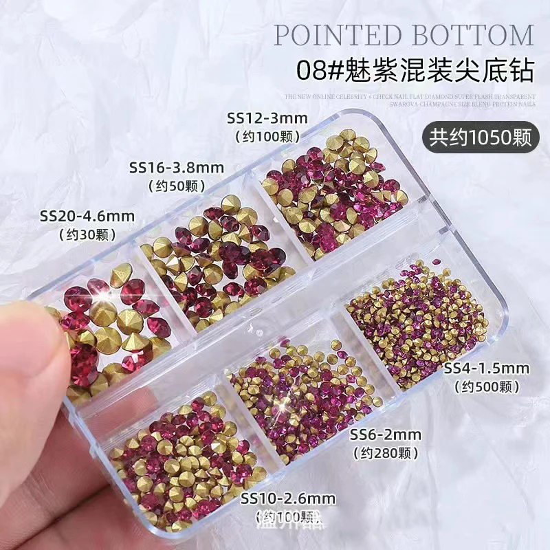 1000-1440Pcs/Box Cone Bottom r K9 Glass Nail Crystal 6Grids AB/Clear/Red Pointed Nail Art Rhinestone 3D  Shiny Luxury Diamond