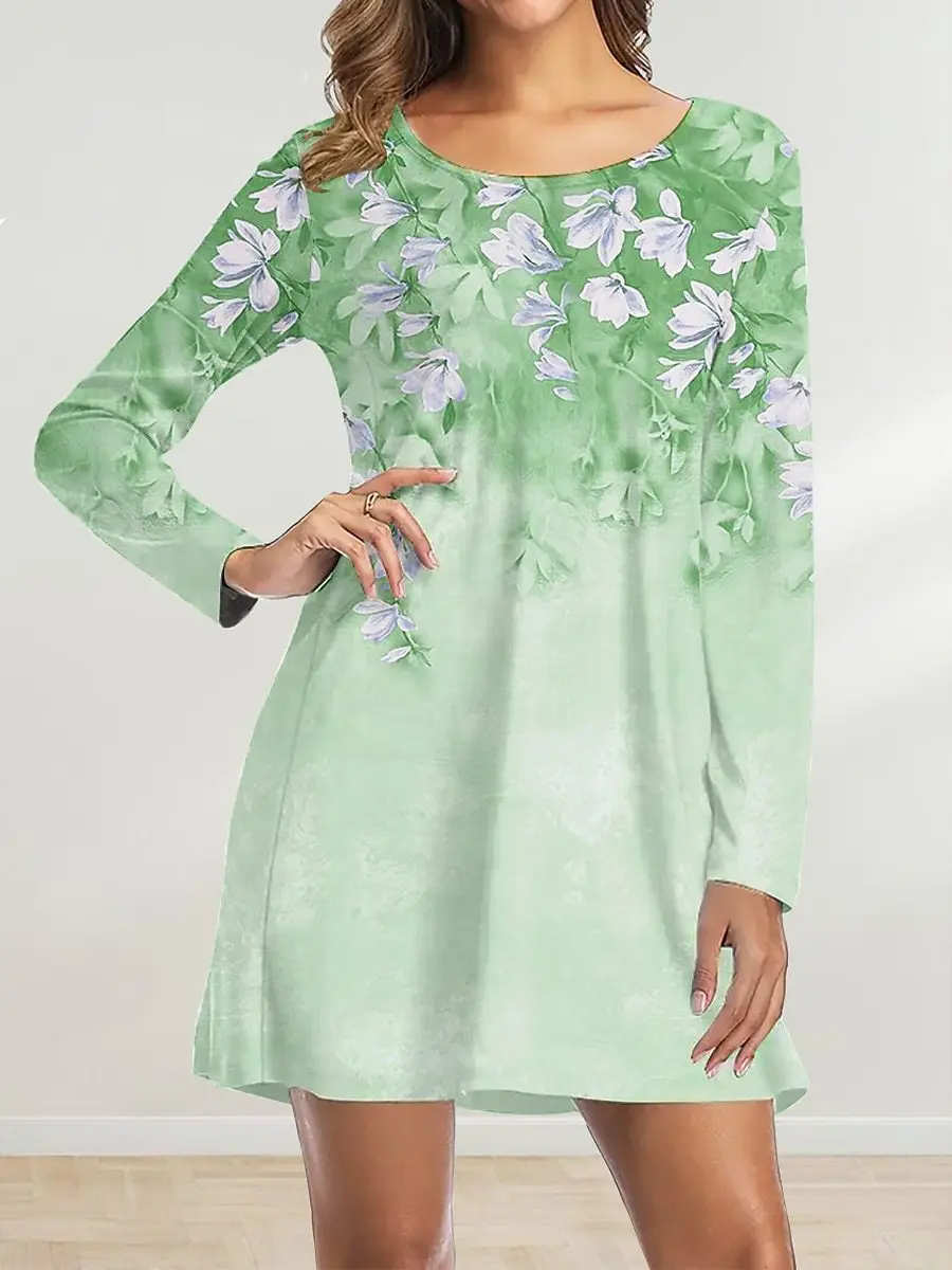 Fashion Leaf And Floral Pattern Women Mini Dresses Long Sleeve 3d Printed Street Ladies Dress 3XL Plus Size Loose Casual Dress