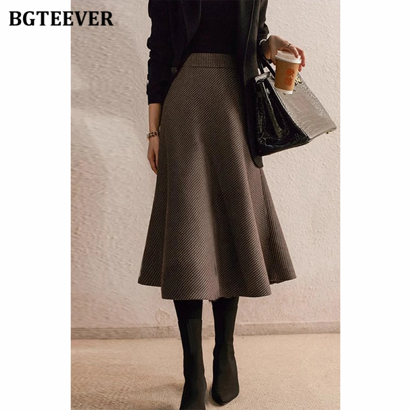 BGTEEVER Vintage High Waist Ladies Mid-Length Skirts Autumn Winter Elegant Woolen A-line Skirts for Women