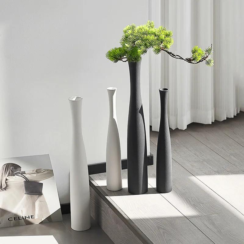 40cm Tall White Floor Vases Ceramic Vase Black White Scandinavian Long Fine Ceramic Ornament for Living Room Home Decor