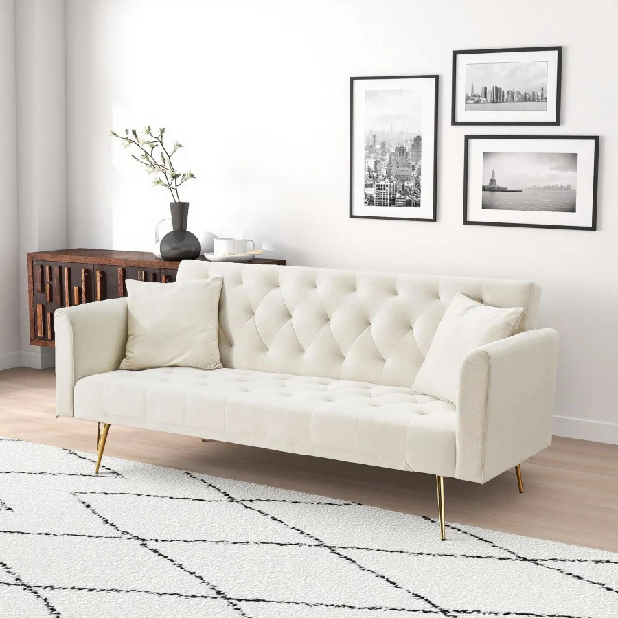 71 inch convertible love seat sofa, American retro beige velvet, suitable for small living room, bedroom, office Comfy Futon Co