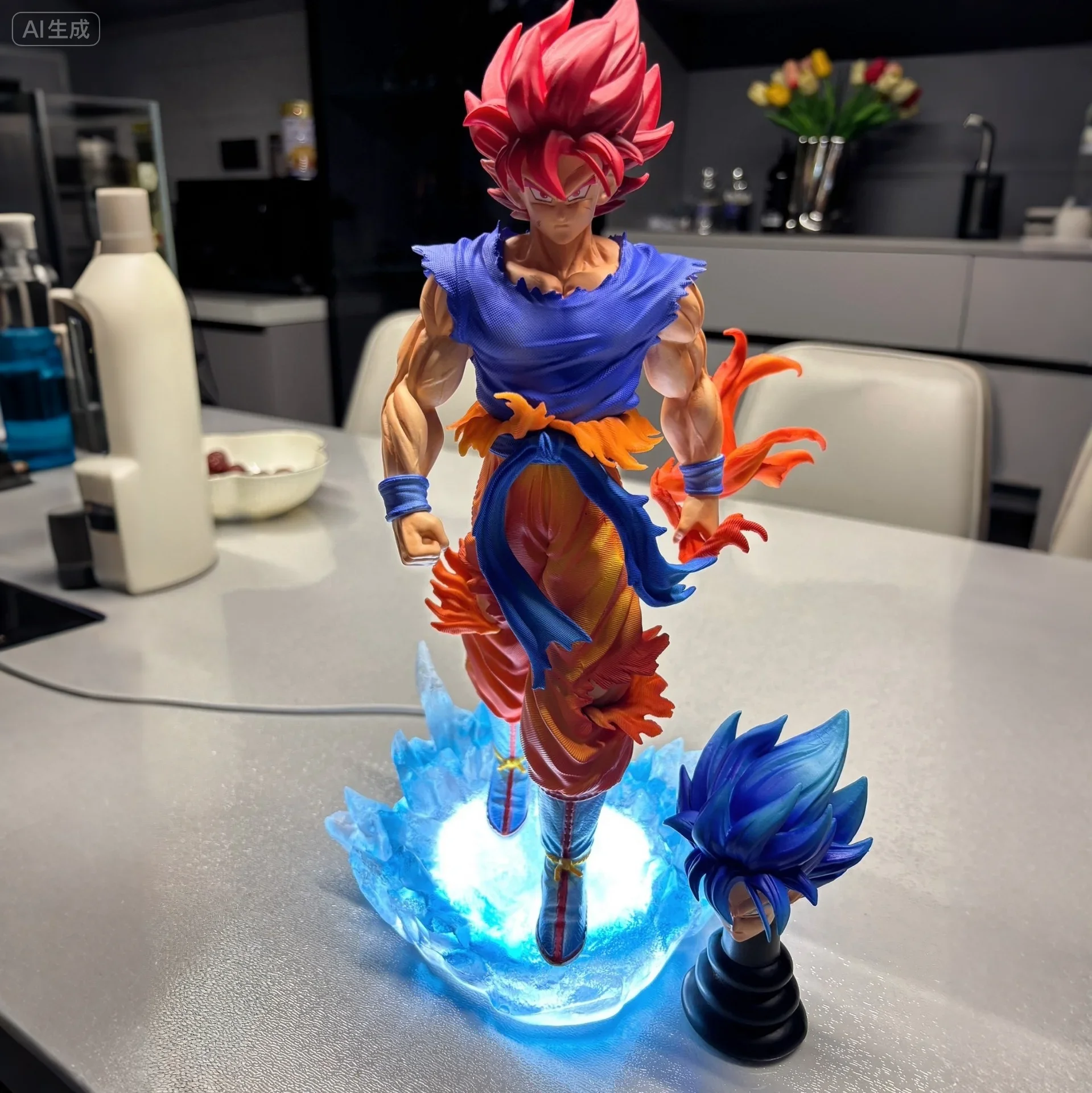 Фигурка Dragon Ball Super Saiyan Goku 32 см со светодиодной подставкой и сменными головками, крутой коллекционный подарок, игрушка-украшение в стиле аниме в подарок