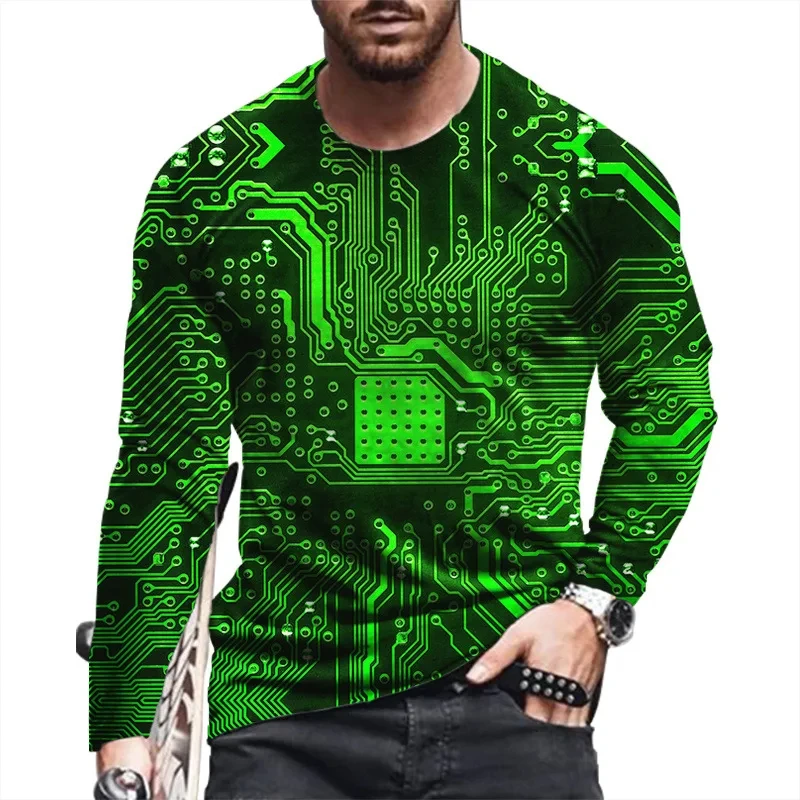 T Shirts Vintage Circuit Board Patterns 3D Print Streetwear Loose  Men Long Sleeve Harajuku Round Neck Oversized TShirt Clothing