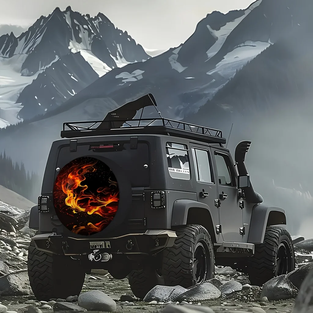 Flame Pattern Spare Tire Cover for Car SUVs Waterproof Tire Protector for Off-Road Camping
