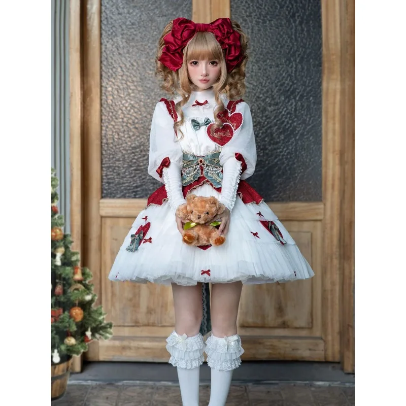 Japanese Victorian Christmas Lolita  Dress Women Kawaii  Long Sleeve Top Sweet Lace Heart Bow Sundresses Y2k JSK