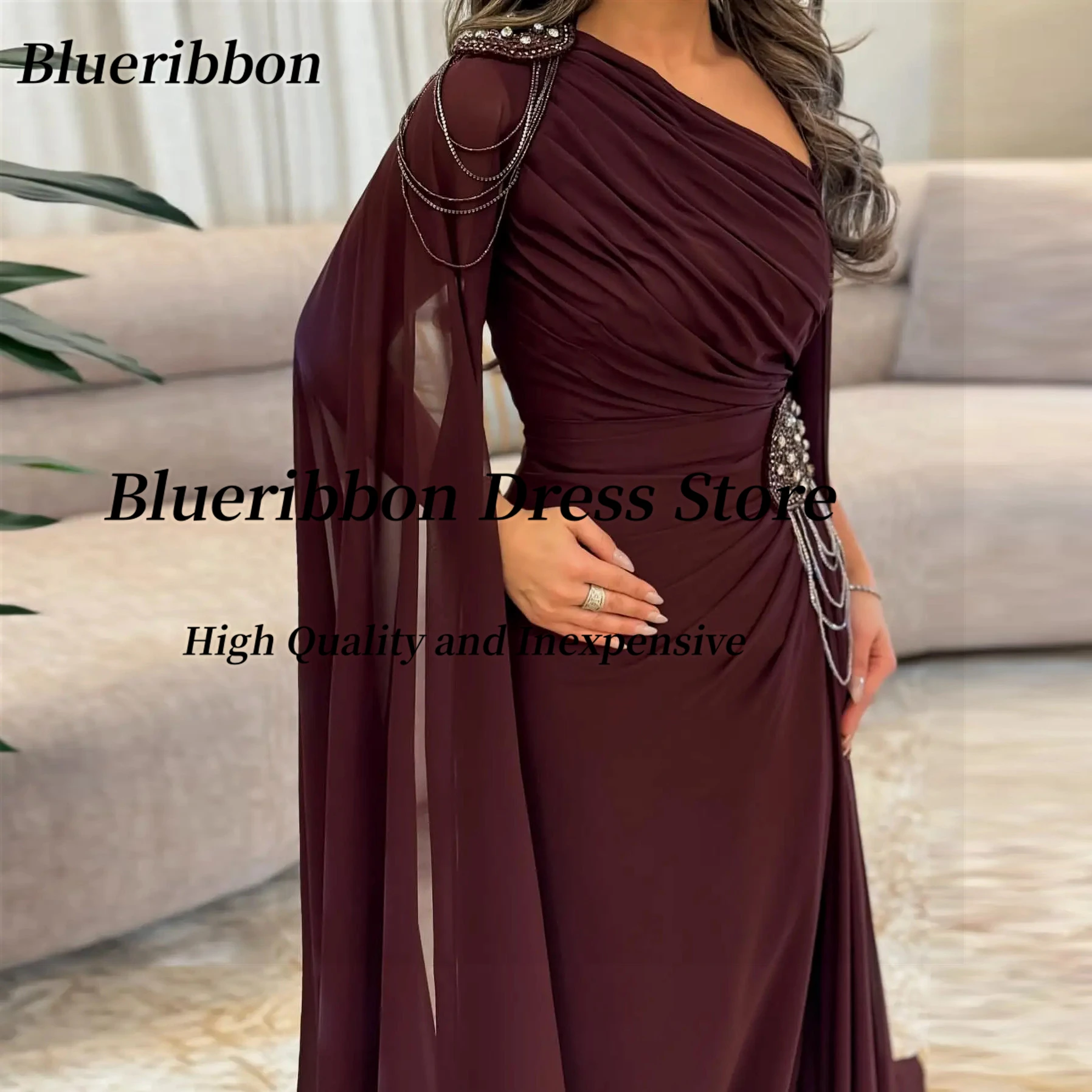 Blueribbon Vestidos de baile sauditas com decote em V فسات İات Gia3). Vestido de noite de chiffon franzido com miçangas personalizado