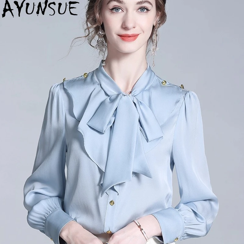 

AYUNSUE High-end 95% Mulberry Silk Shirts Women Elegant Shirts for Woman Clothing 2025 Spring Autumn Shirt Bow Camisas De Mujer