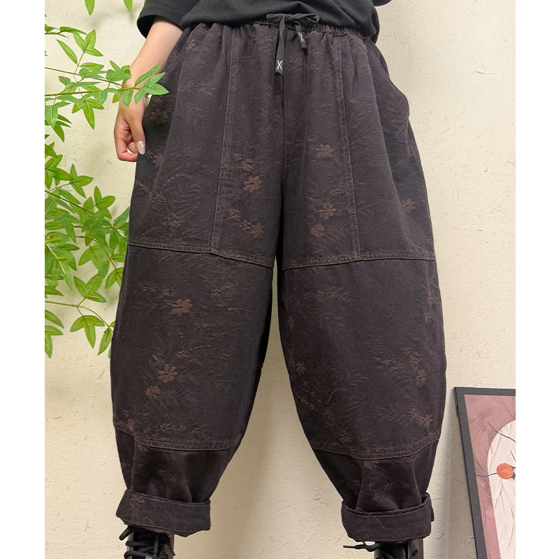 Masss Wasss 2026 Fall Womens Printed Denim Pants Ladies Fashion Vintage Luxury Harem Trousers Casual Classic Elastic Waist Jeans