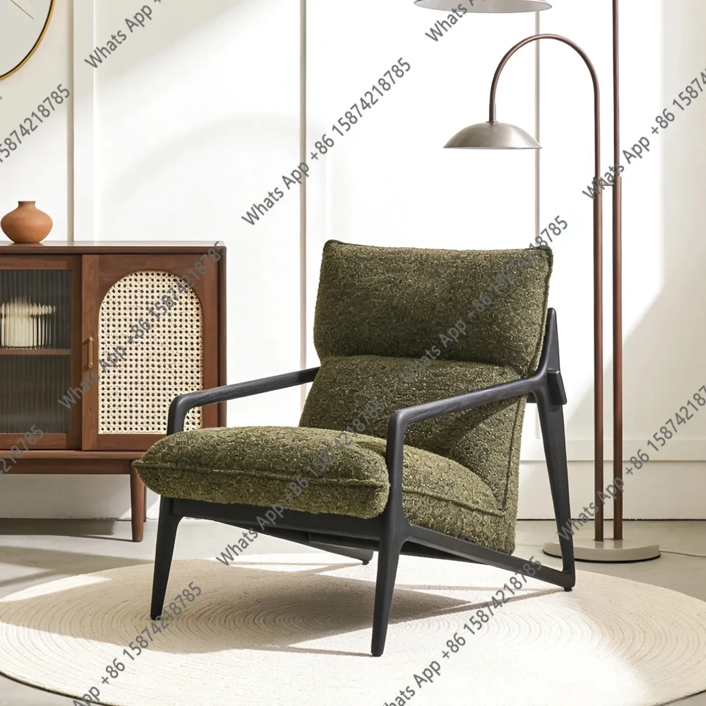 M32 Mid-Century Style Burlap Fabric Small Apartment Single Seat, Retro Style Solid Wood Balcony Living Room Leisure Sofa Chair