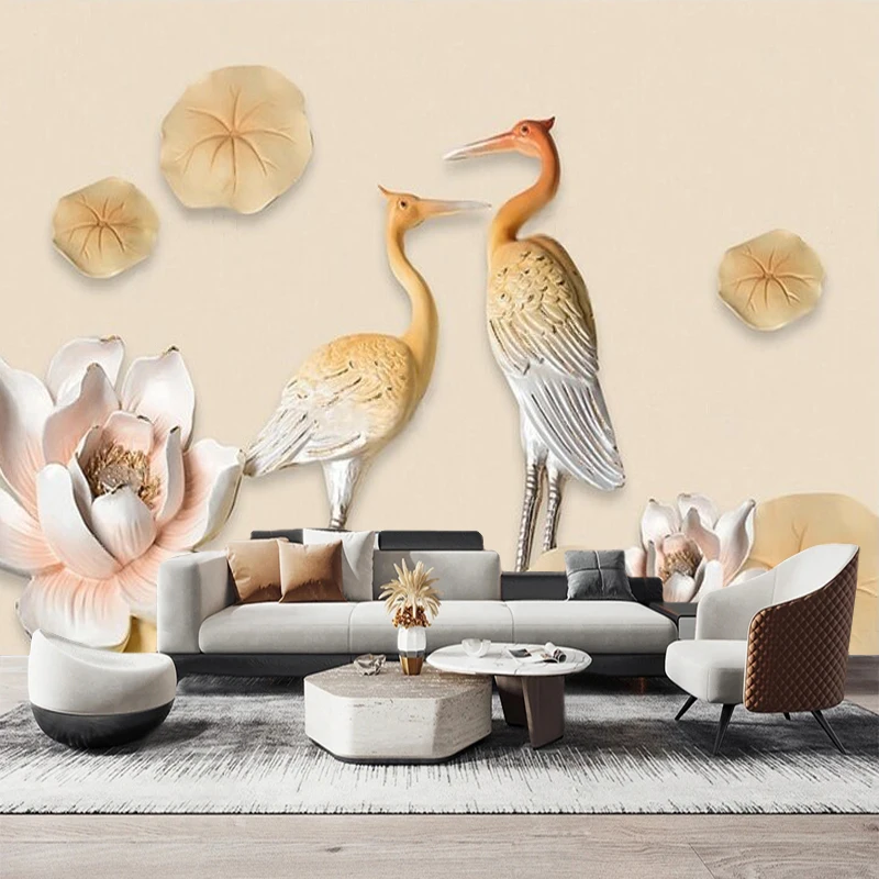 Beautiful And High-End New Chinese-Style Painted 3D Relief Lotus And Crane Wall Decoration For TV Rural Landscape Bedroom Wall