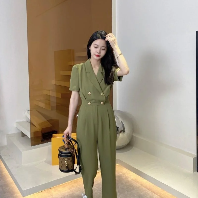 

Women's Suit One Piece Jumpsuit High End Korean 2022 Summer New V-neck Bodysuit Goddess Slim Fitting Romper Short Sleeve Women