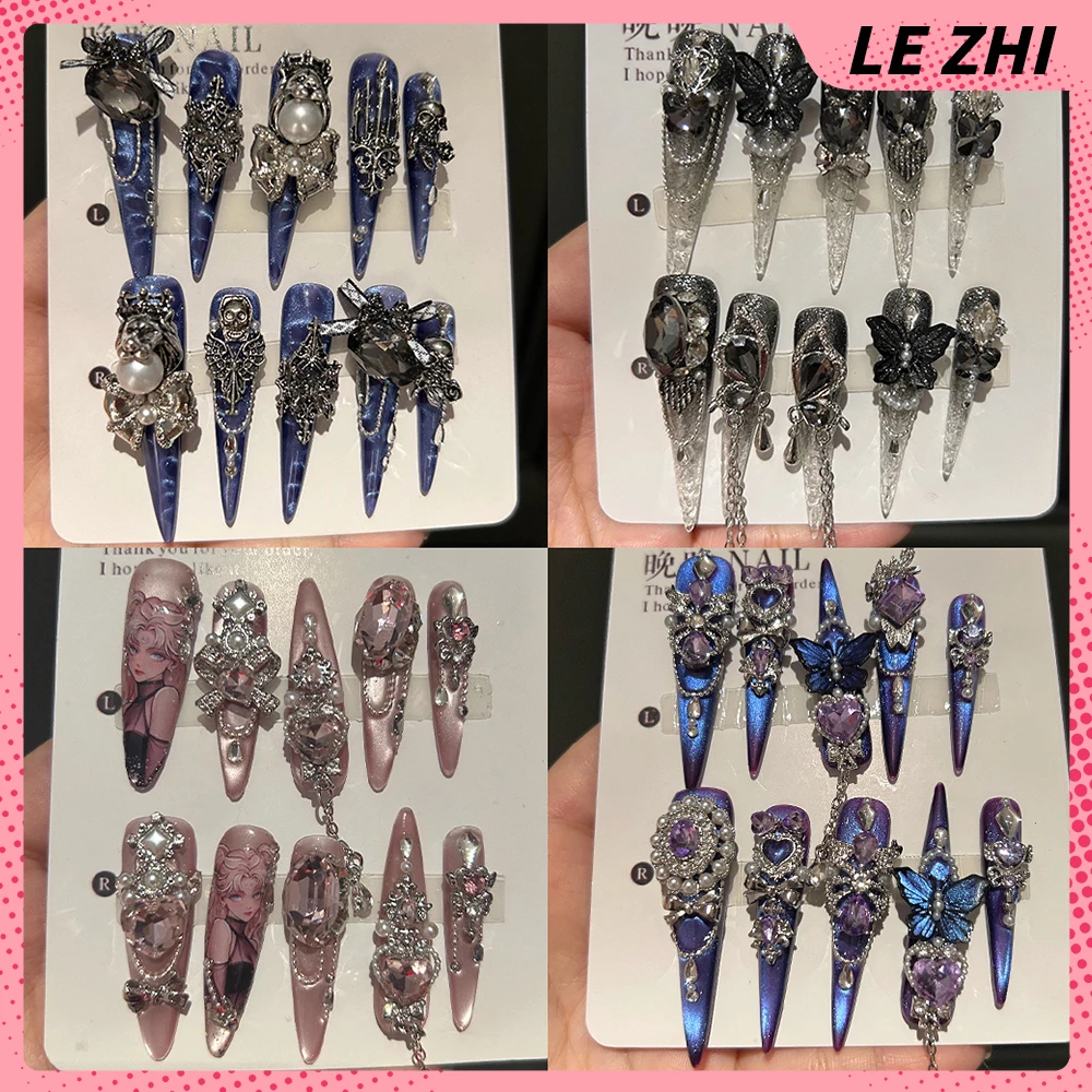 

10Pcs Spice Girl Luxury Flash Rhinestone Long Stilettos Handmade Press On Nail Cat Eyes Butterfly Bowknot Pearl Flower Fake Nail
