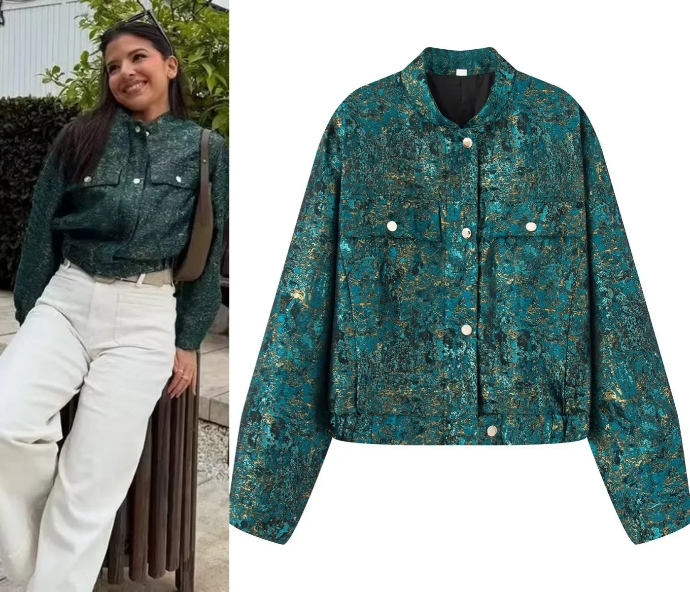 

Зимний новый продукт, женская модная повседневная куртка с металлической жаккардовой текстурой, элегантное женское короткое пальто с воротником-стойкой